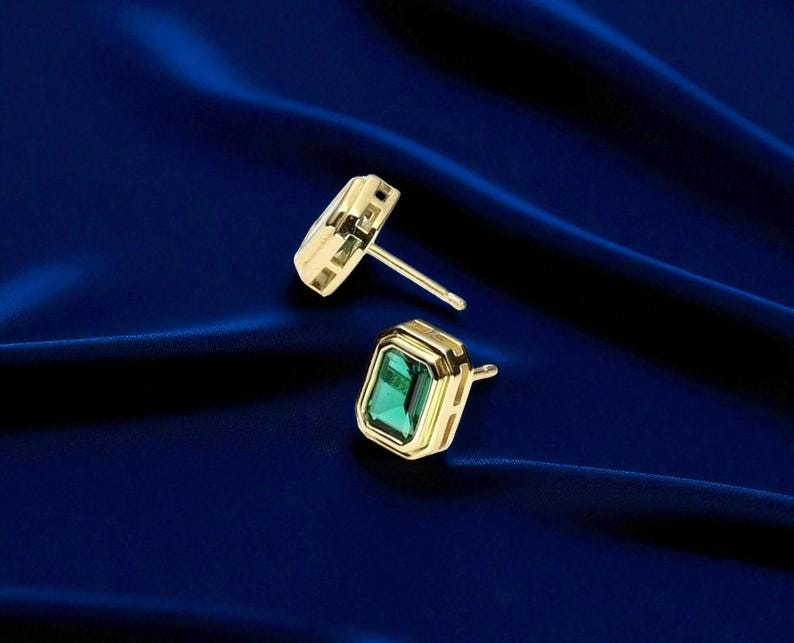 925 Silver Emerald Cut CZ Stud Earrings – Dainty Minimalist Green Stone Jewelry Gift