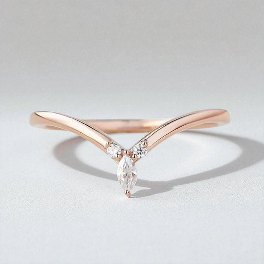 925 Silver Marquise CZ Chevron Ring – Dainty V Shaped Stacking Wedding Promise Band