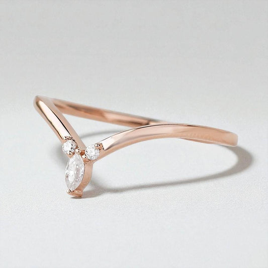 925 Silver Marquise CZ Chevron Ring – Dainty V Shaped Stacking Wedding Promise Band