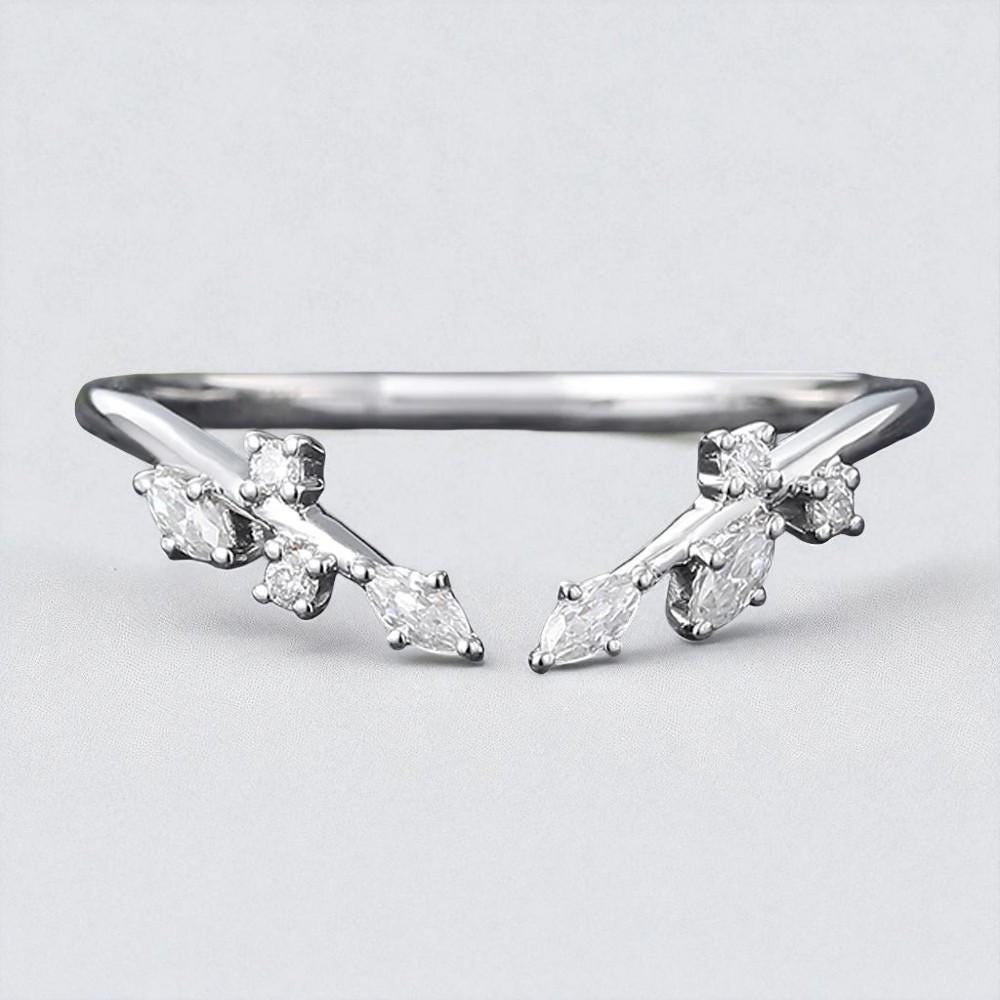 925 Silver Marquise CZ Leaf Ring – Nature Inspired Dainty Stacking Chevron Wedding Band