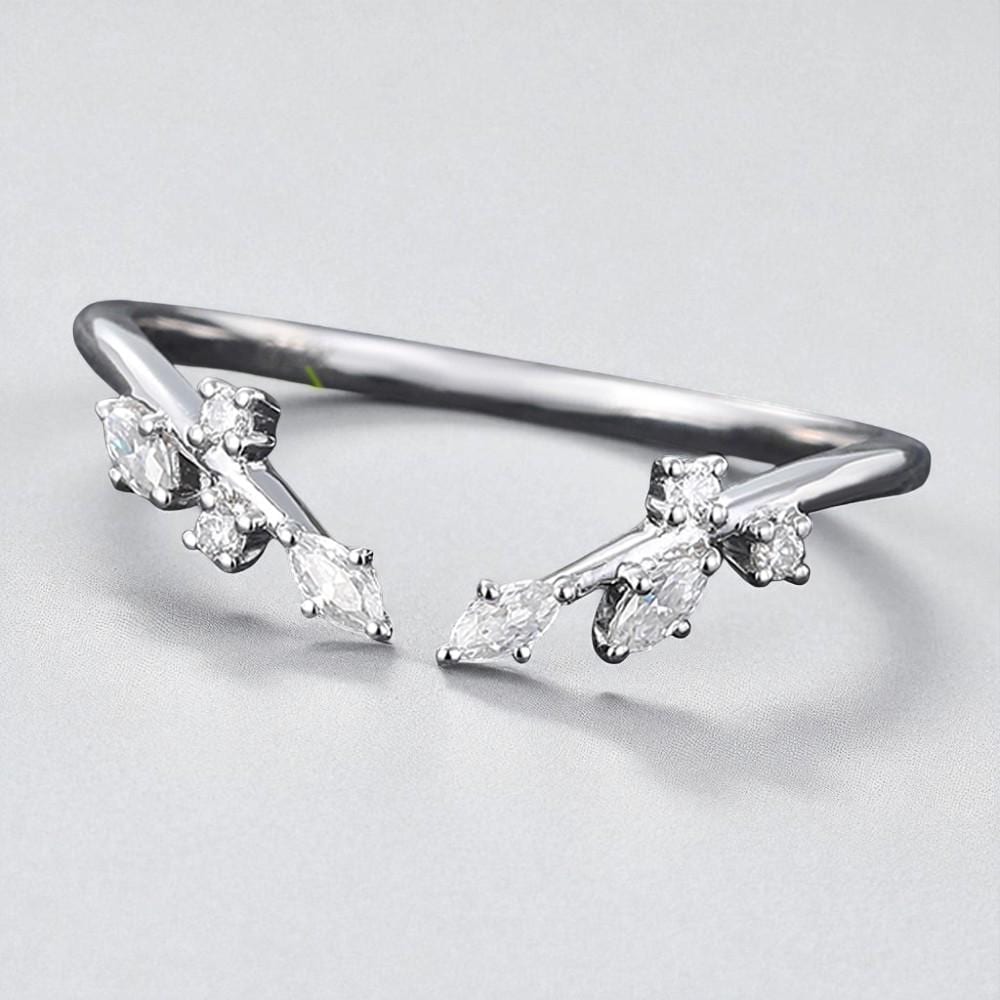 925 Silver Marquise CZ Leaf Ring – Nature Inspired Dainty Stacking Chevron Wedding Band