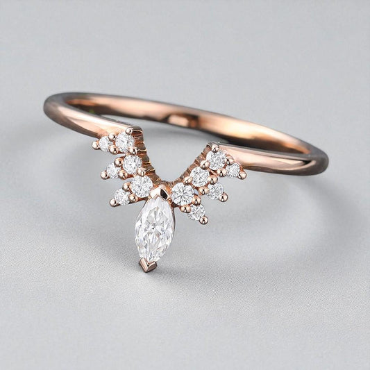 925 Silver  Marquise CZ Chevron Ring – Dainty V Shaped Stacking Wedding Anniversary Band
