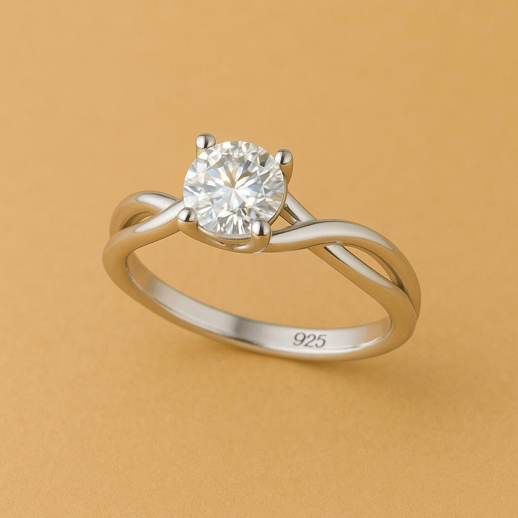 925 Sterling Silver Moissanite Ring - Twisted Band Solitaire Engagement