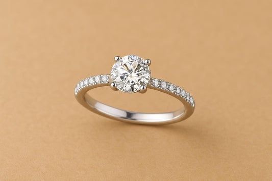 Sterling Silver Round Moissanite Engagement Ring, Pavé Bridal Band