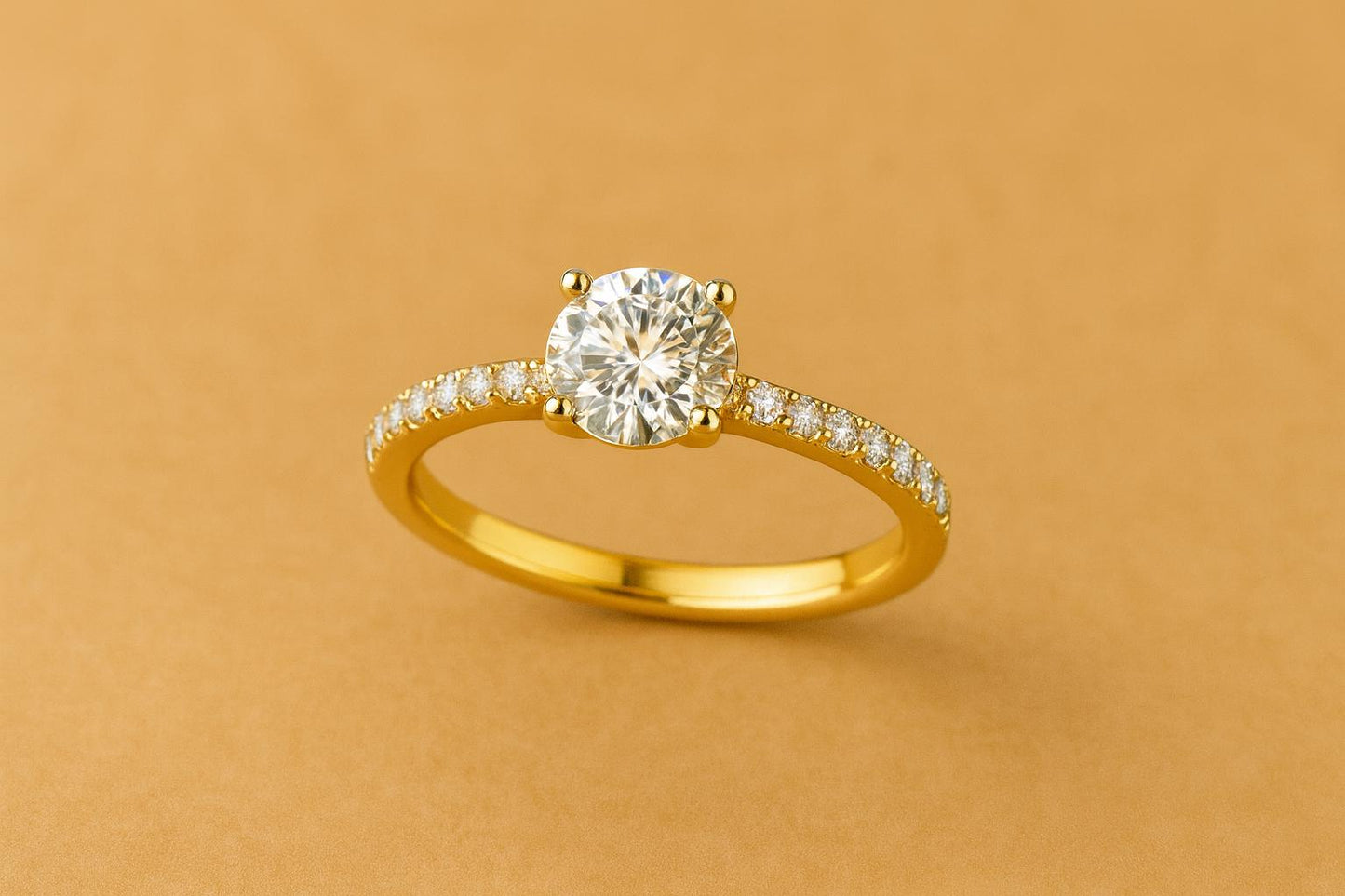 Sterling Silver Round Moissanite Engagement Ring, Pavé Bridal Band