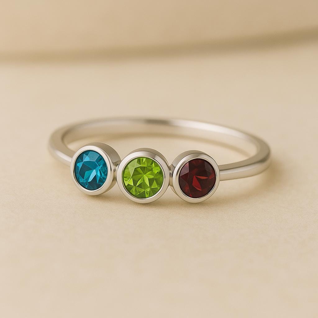 Sterling Silver Three Stone Ring: Topaz, Peridot & Garnet Band