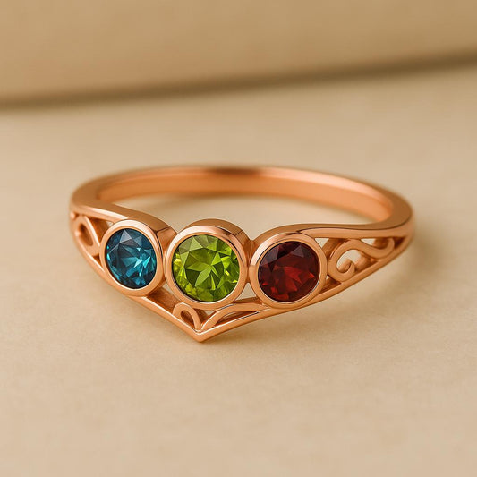 Sterling Silver Heart Ring, London Blue Topaz, Peridot, Garnet, Family Birthstone
