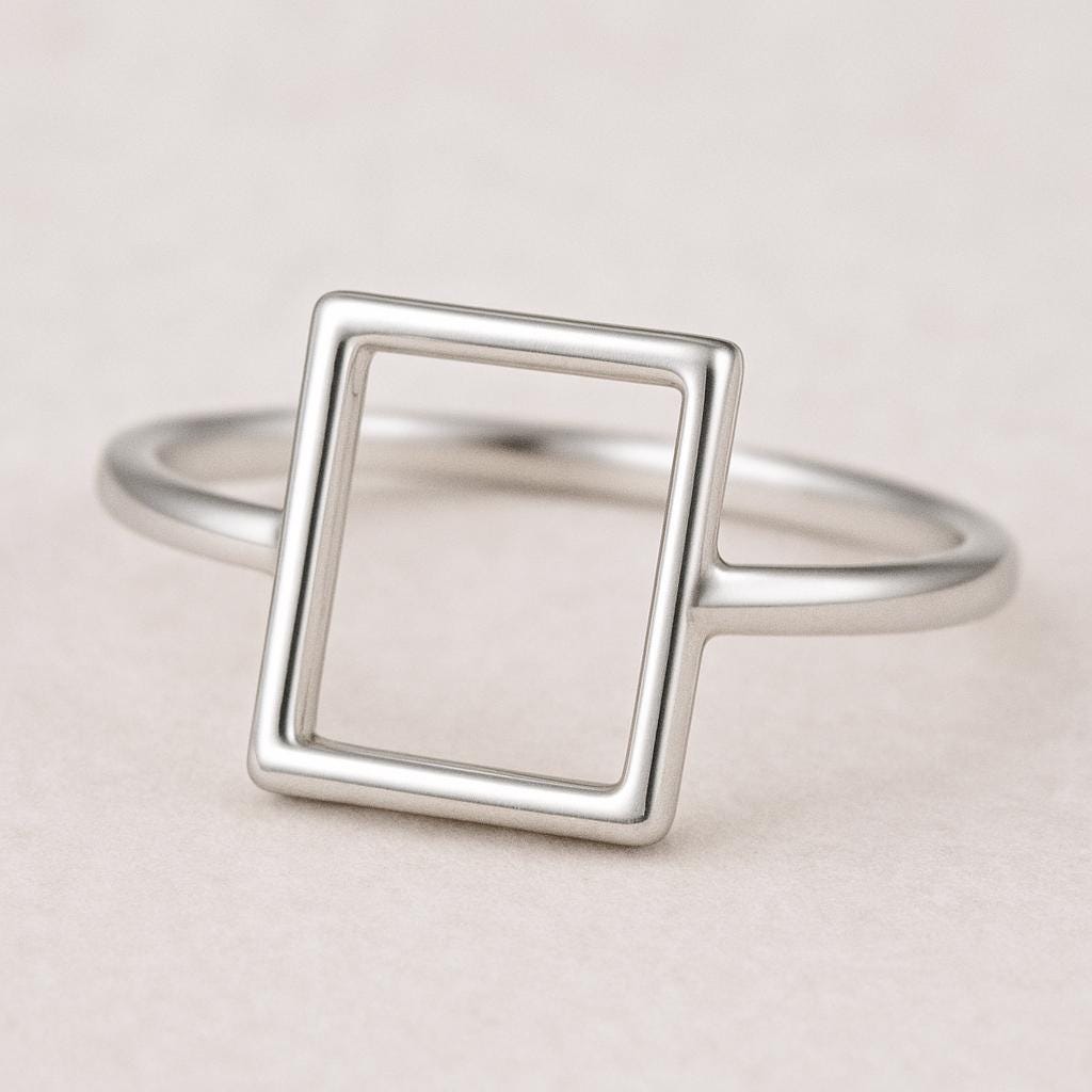 925 Sterling Silver Rectangle Outline Ring, Minimalist Geometric Band, Modern Simple Jewelry Gift