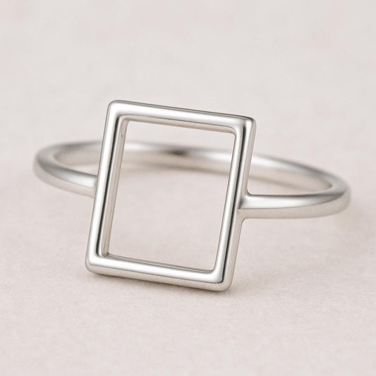 925 Sterling Silver Rectangle Outline Ring, Minimalist Geometric Band, Modern Simple Jewelry Gift