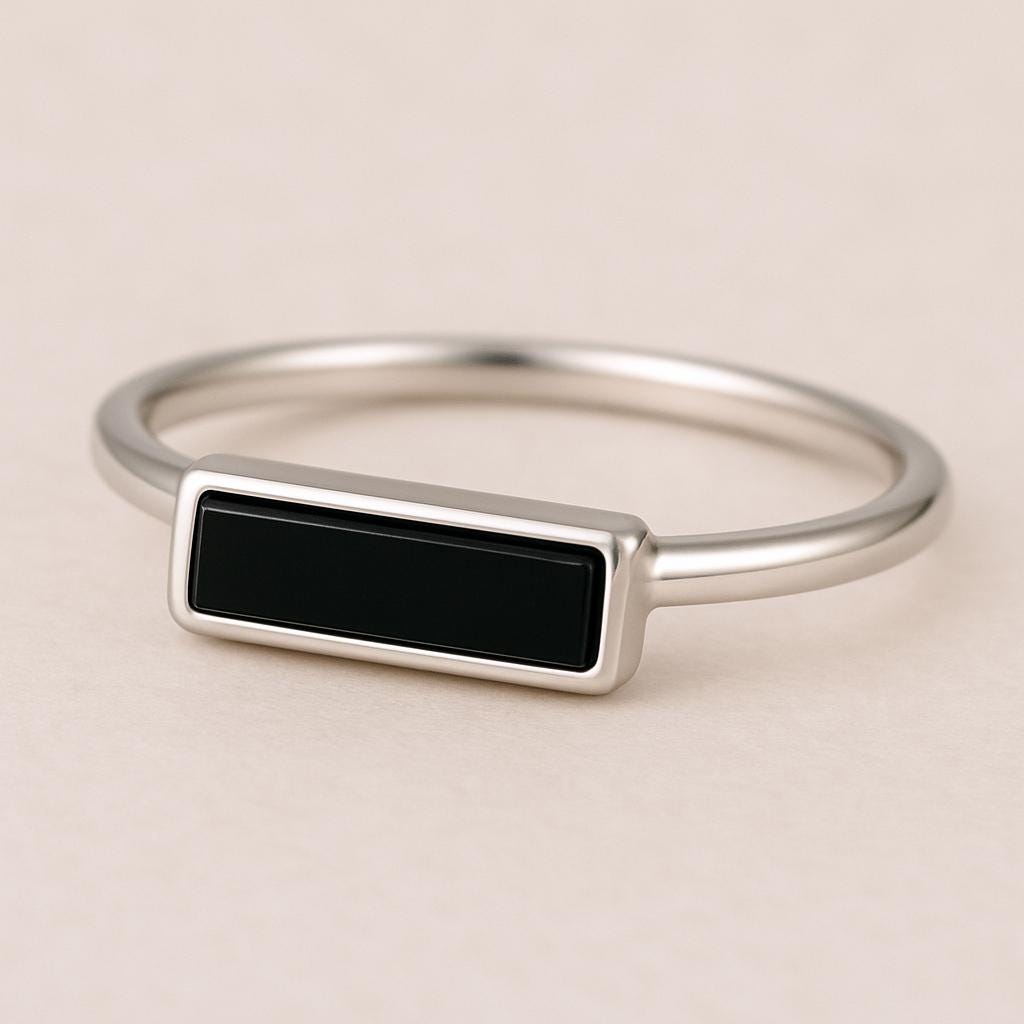 Sterling Silver Onyx Bar Ring, Minimalist Geometric Jewelry