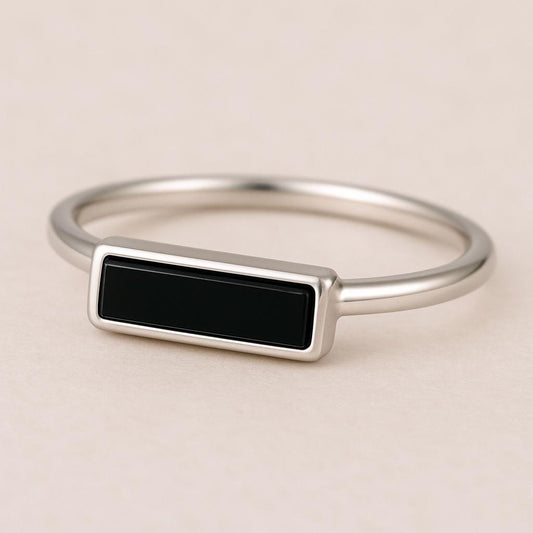 Sterling Silver Onyx Bar Ring, Minimalist Geometric Jewelry