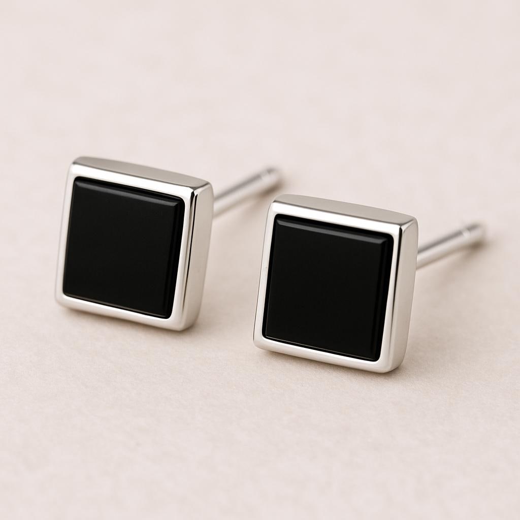 Sterling Silver Square Onyx Stud Earrings, Minimalist Bezel Set
