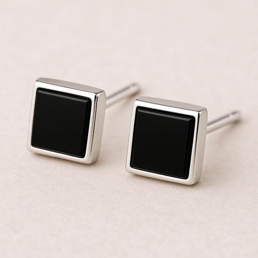 Sterling Silver Square Onyx Stud Earrings, Minimalist Bezel Set