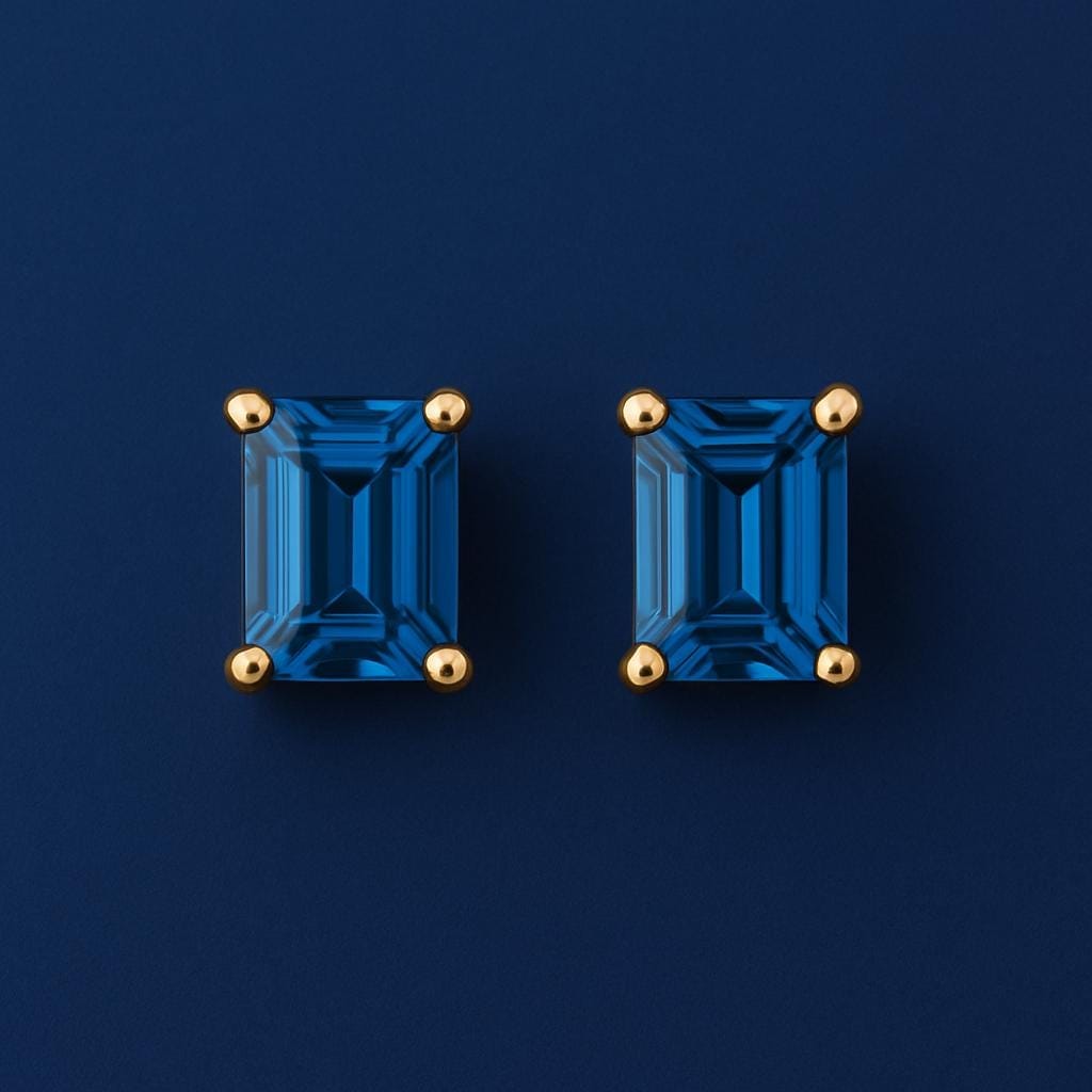 Emerald Cut London Topaz Stud Earrings: Sterling Silver December Birthstone