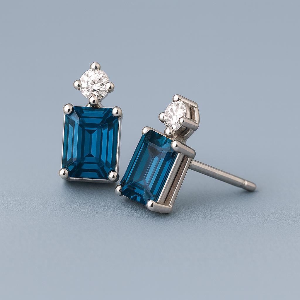 London Topaz Emerald Cut Stud Earrings: 925 Sterling Silver & CZ