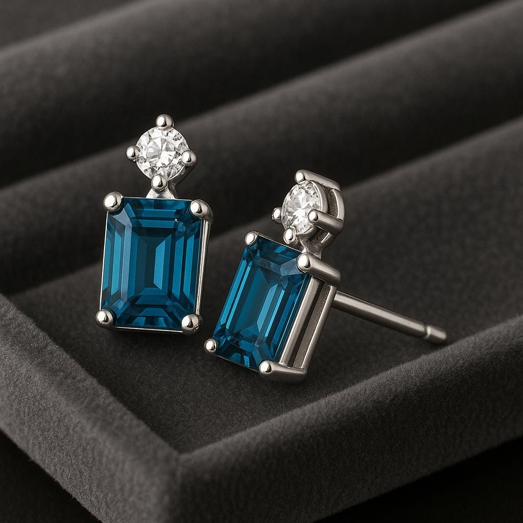 London Topaz Emerald Cut Stud Earrings: 925 Sterling Silver & CZ