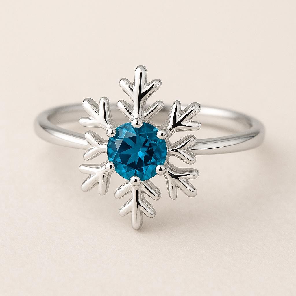 Sterling Silver Snowflake Ring: London Topaz  Winter Jewelry