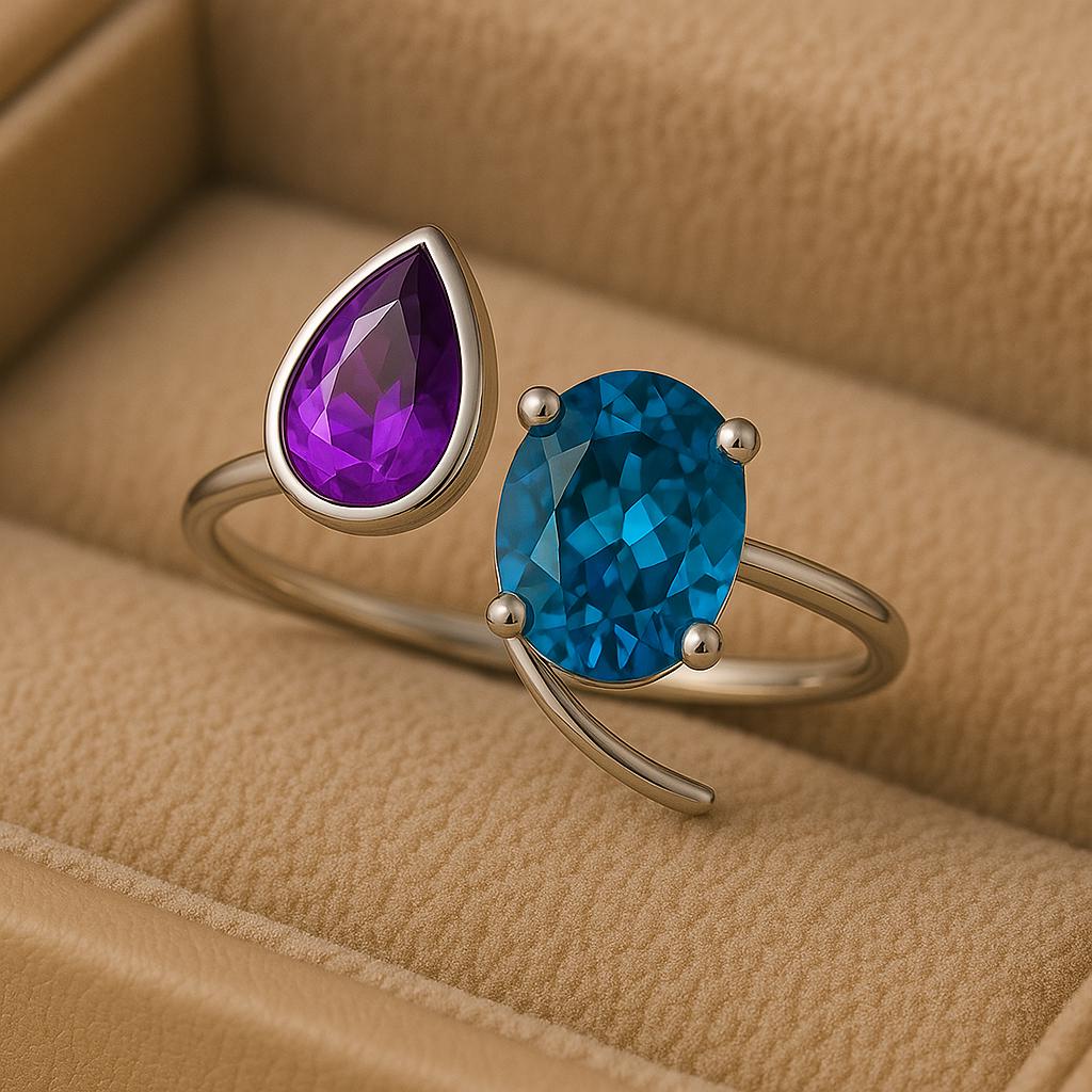 Sterling Silver Bypass Ring: Amethyst, London Topaz Two Stone Jewelry