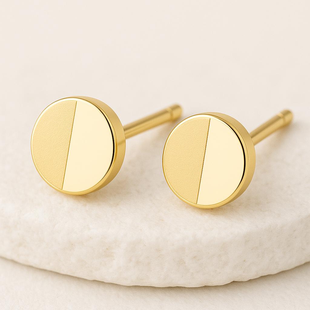 Minimalist 925 Sterling Silver Circle Stud Earrings: Half Matte, Half Polish