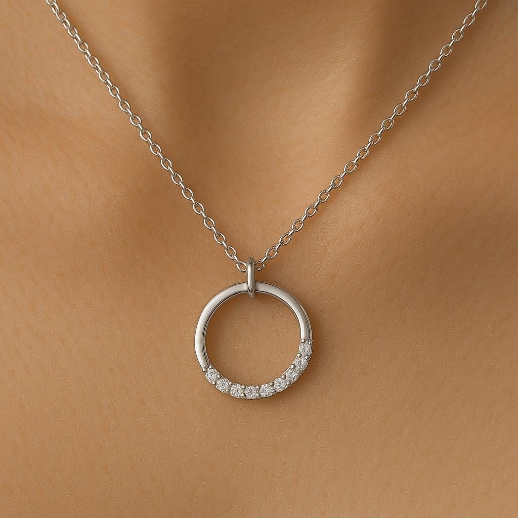 Circle Pendant Necklace Silver 925 • CZ Stone Eternity • Minimalist Round Jewelry Gift