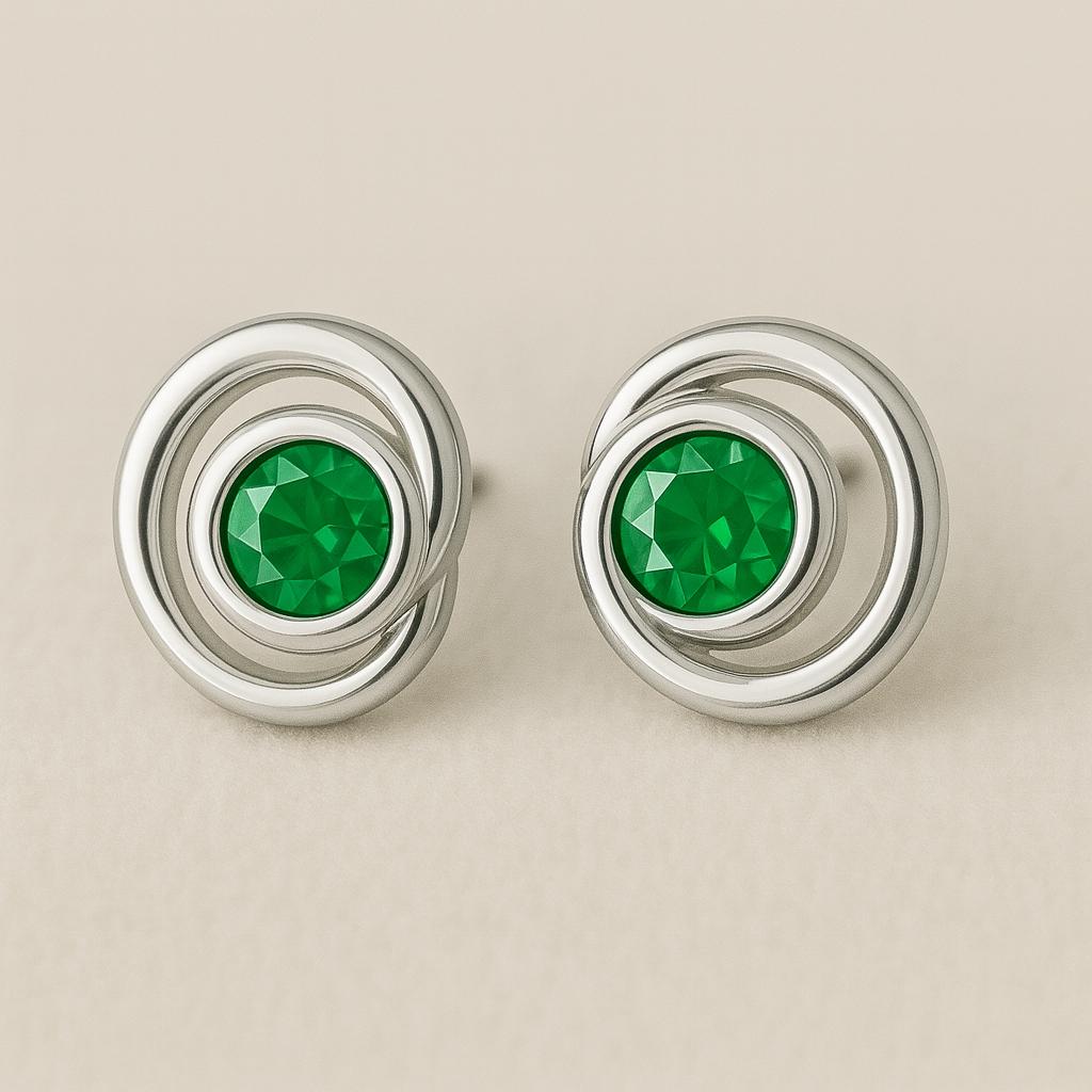 Sterling Silver Spiral Stud Earrings: Green CZ Minimalist Jewelry