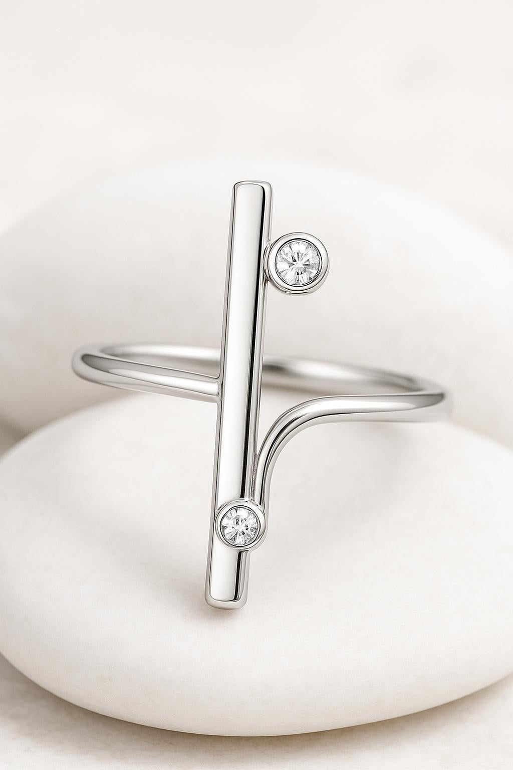 Sterling Silver Bar Ring | Minimalist CZ Geometric Adjustable Ring