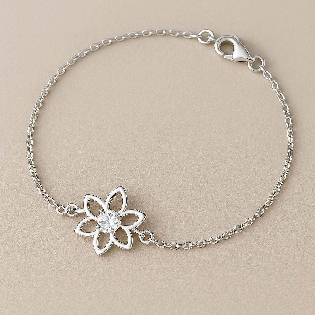 Sterling Silver Flower Bracelet: Dainty CZ Floral Cable Chain