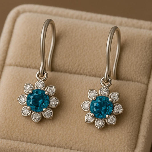 London Blue Topaz Flower Earrings: 925 Sterling Silver CZ Dangle