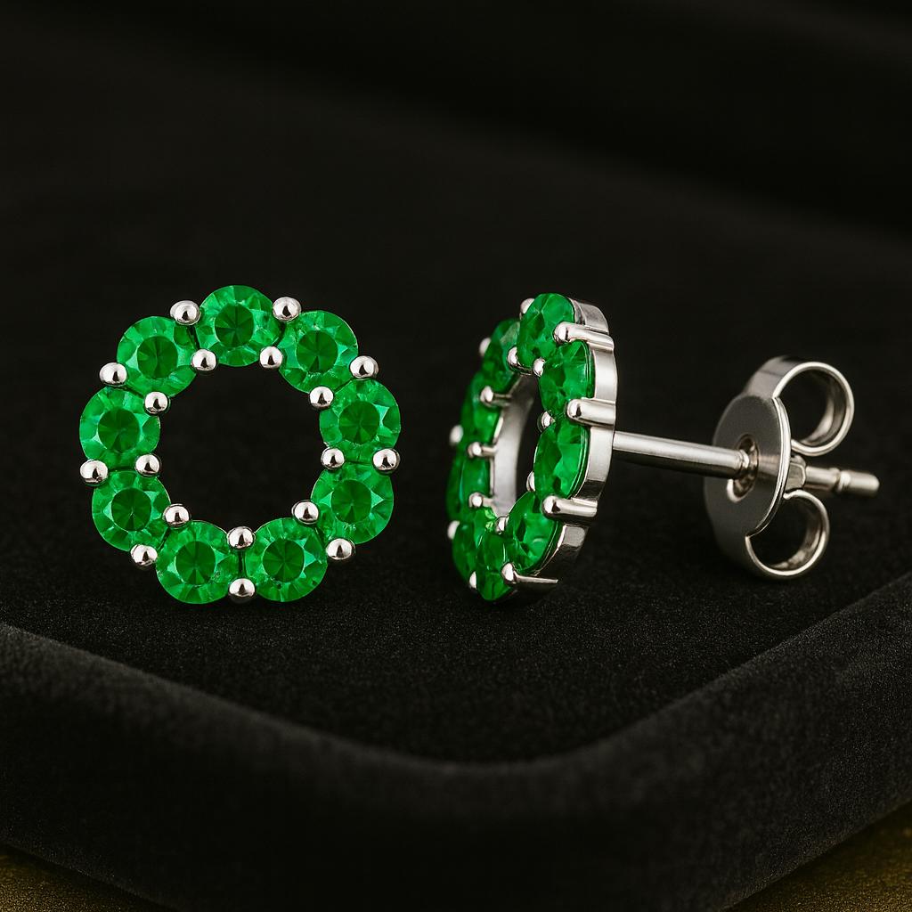 Emerald Green CZ Circle Stud Earrings: 925 Sterling Silver
