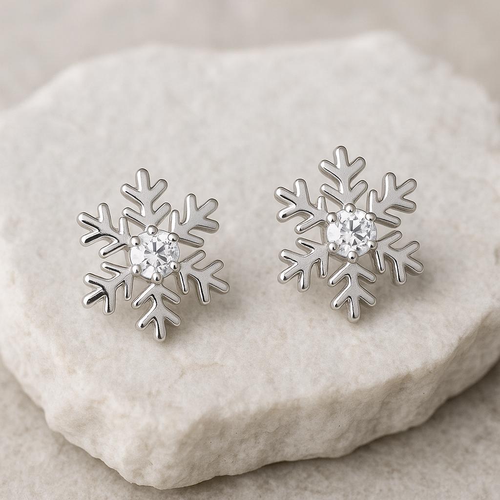 Sterling Silver Snowflake Stud Earrings | CZ Winter Jewelry