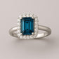 London Topaz Halo Ring: Emerald Cut, 925 Sterling Silver, Vintage Style