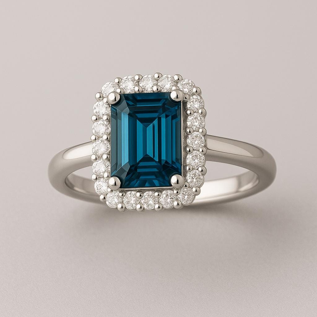 London Topaz Halo Ring: Emerald Cut, 925 Sterling Silver, Vintage Style