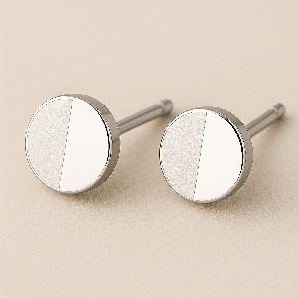 Minimalist 925 Sterling Silver Circle Stud Earrings: Half Matte, Half Polish
