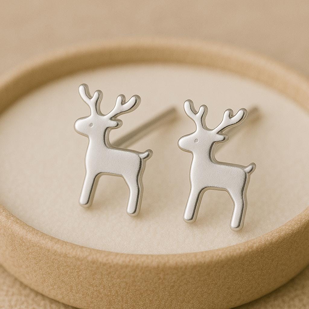 Silver Reindeer Stud Earrings 925 | Christmas Earrings | Holiday Jewelry Gift | Winter Studs | Minimalist Xmas