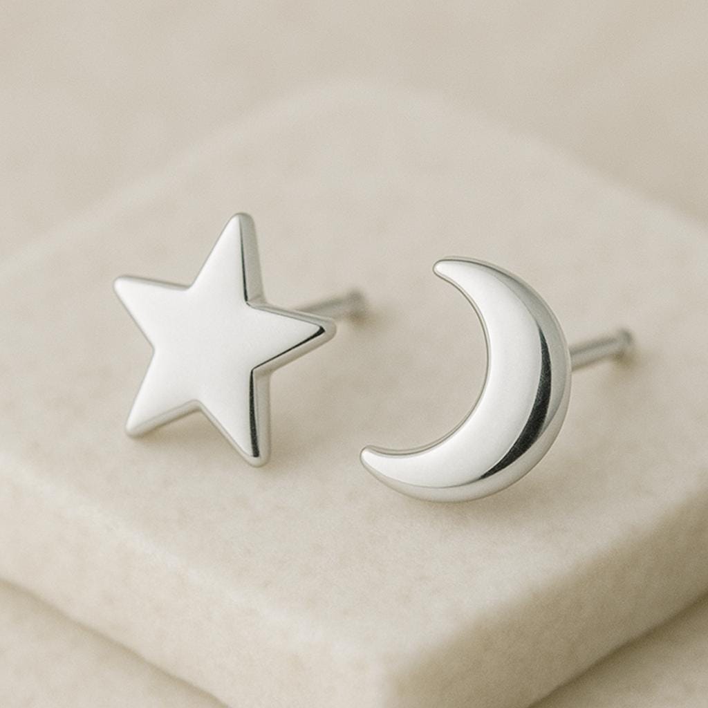 Sterling Silver Moon and Star Stud Earrings | Celestial Jewelry