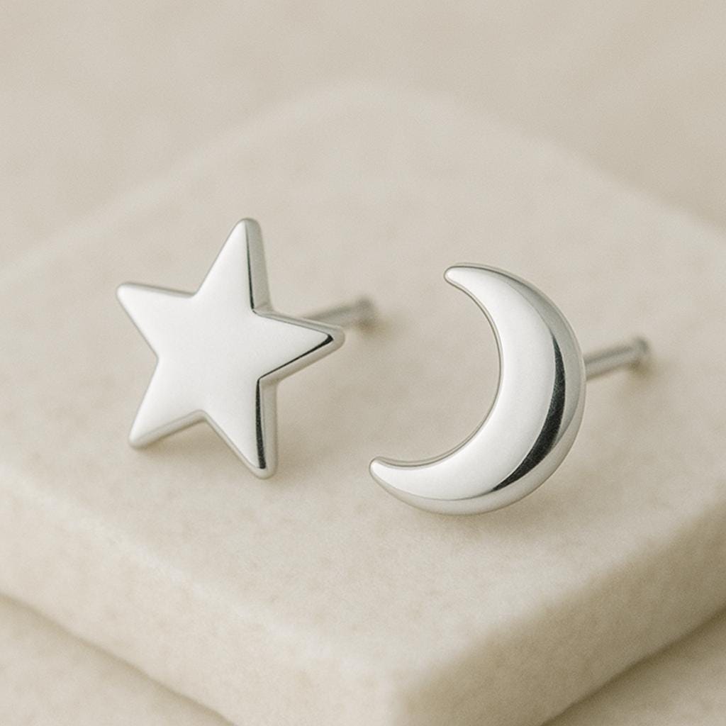 Sterling Silver Moon and Star Stud Earrings | Celestial Jewelry