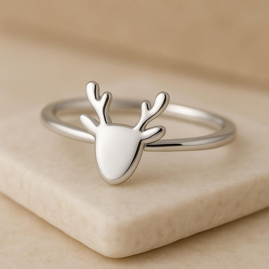 Sterling Silver Reindeer Ring | 925 Minimalist Deer Antler Band | Christmas Gift for Women