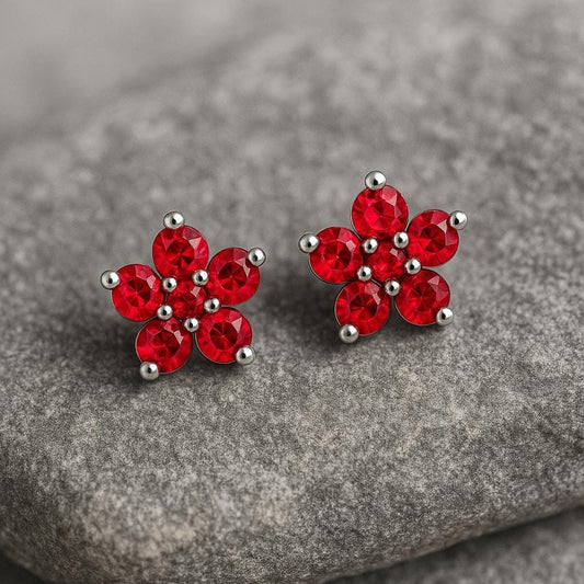 Sterling Silver Red Flower Stud Earrings | 925 Floral CZ Earrings | Gift for Her | Christmas