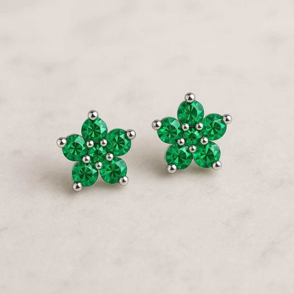 Sterling Silver Green Flower Stud Earrings | 925 Emerald CZ Earrings | Dainty Floral Jewelry