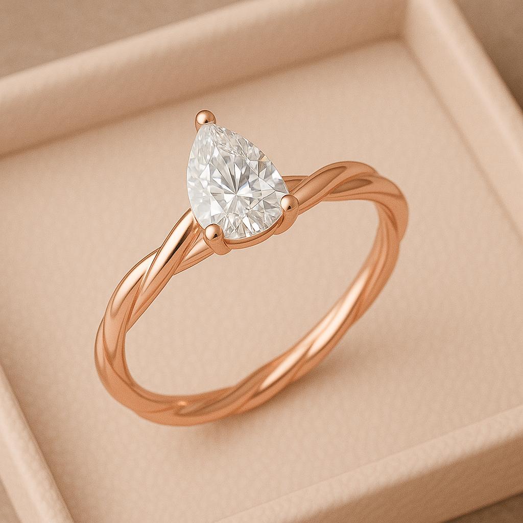 Sterling Silver Pear Cut CZ | 925 Twisted Band Solitaire Ring | Minimalist Engagement Promise Ring