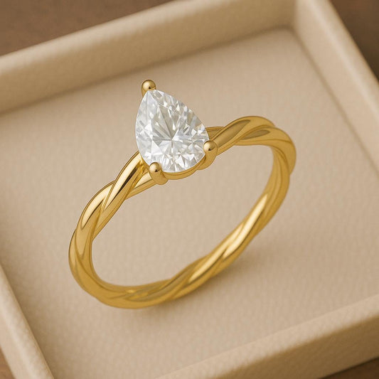 Sterling Silver Pear Cut CZ | 925 Twisted Band Solitaire Ring | Minimalist Engagement Promise Ring