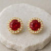 Ruby Red CZ Halo Stud Earrings | 925 Sterling Silver