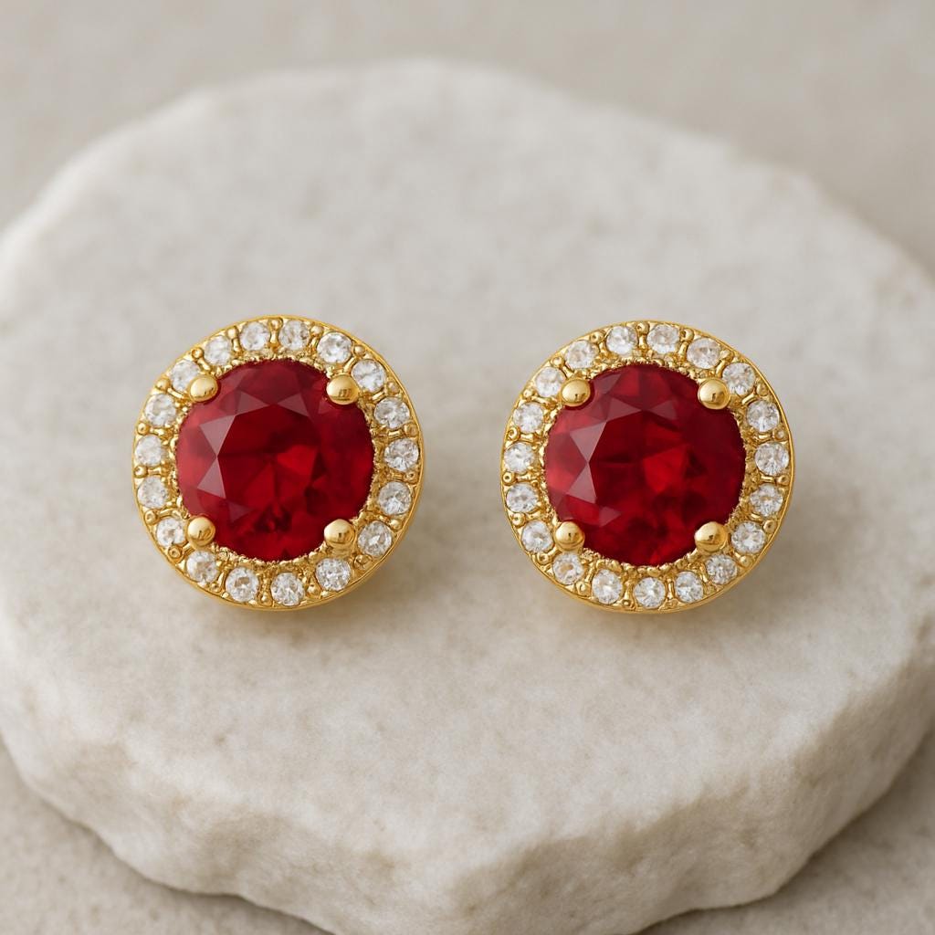Ruby Red CZ Halo Stud Earrings | 925 Sterling Silver