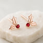 Sterling Silver Christmas Holly Earrings | Red Garnet Berry Studs