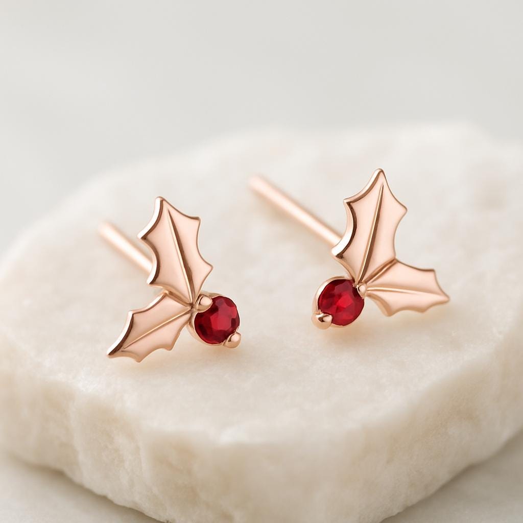 Sterling Silver Christmas Holly Earrings | Red Garnet Berry Studs