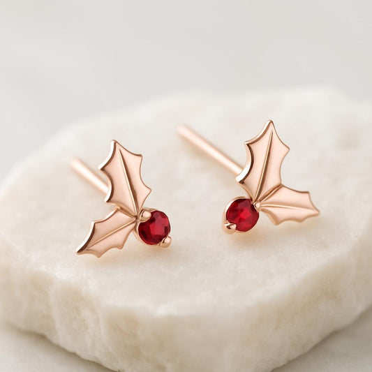 Sterling Silver Christmas Holly Earrings | Red Garnet Berry Studs