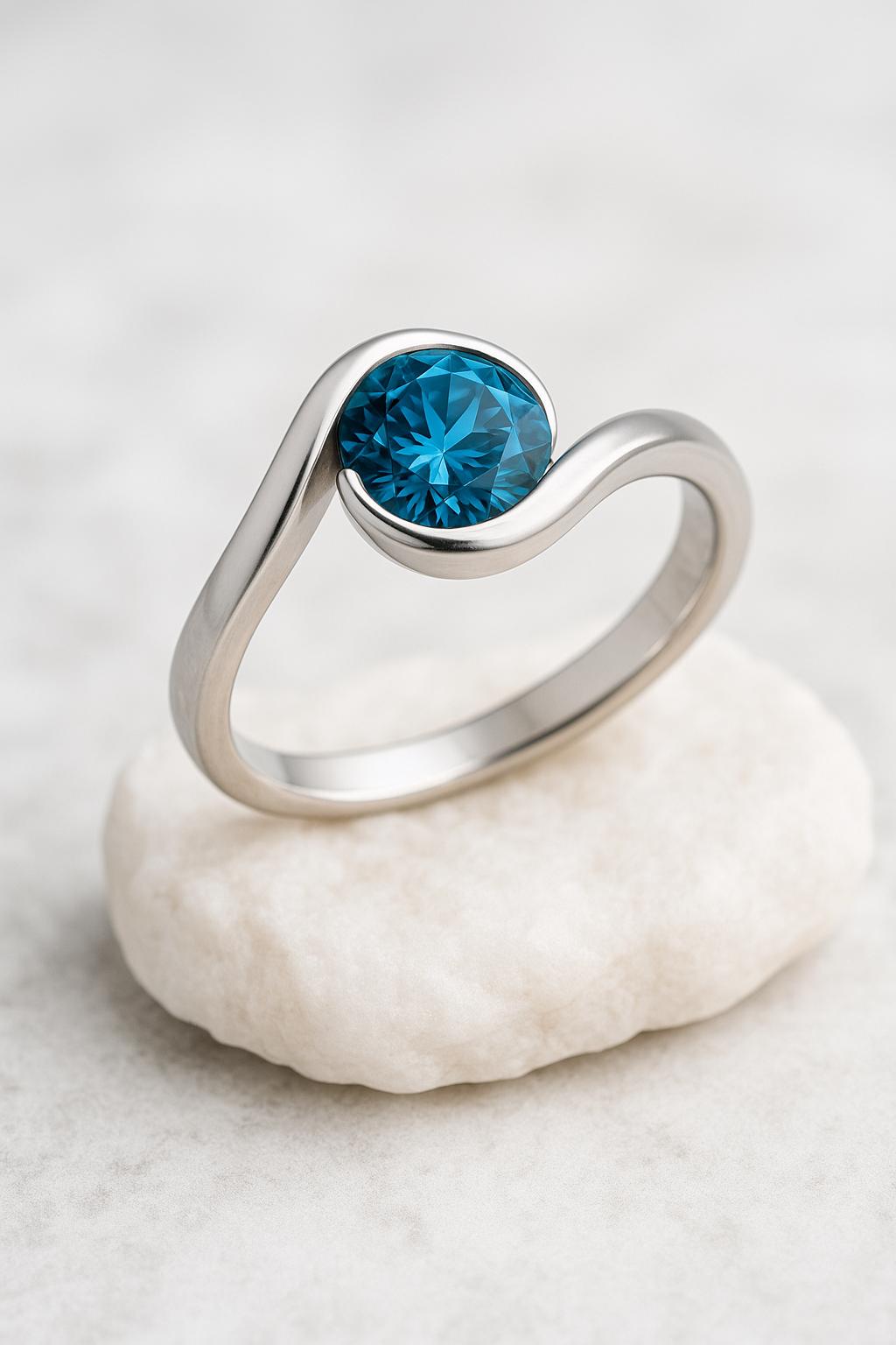 Sterling Silver Wave Ring | 6mm London Blue Topaz Bezel Setting