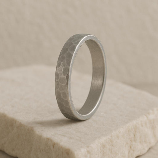 Hammered Sterling Silver Band Ring | Unisex Matte Wedding Band