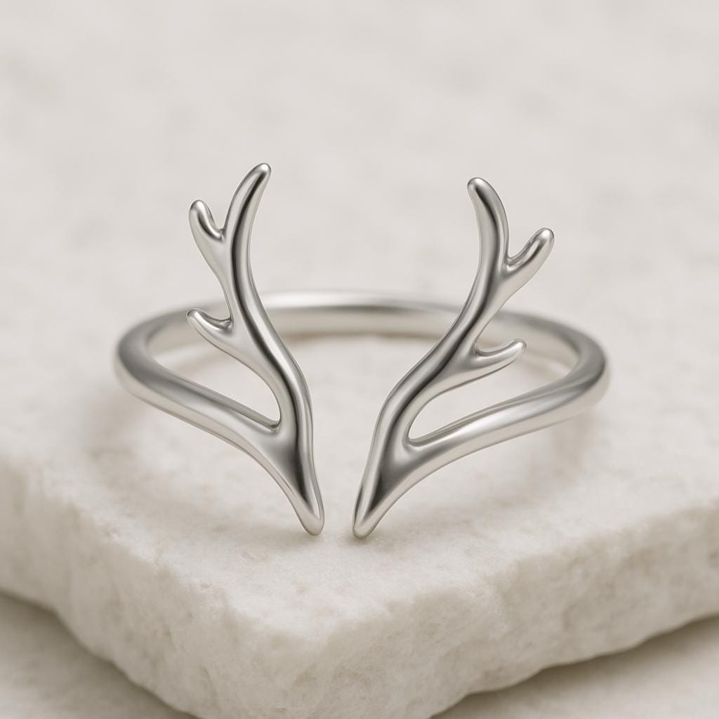 Sterling Silver Antler Ring | Minimalist Reindeer Horn Adjustable Band