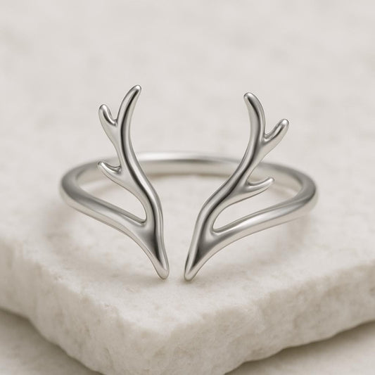 Sterling Silver Antler Ring | Minimalist Reindeer Horn Adjustable Band